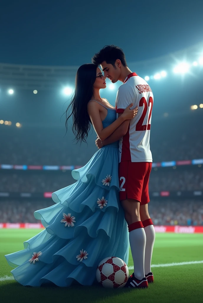 A man and woman kissing eachother in football stadium ground at night time all spot light on them woman is wearing glasses and had black hair . Woman is wearing blue dress high heels and a lab coat over dress. Man is wearing white and red colour 32 number jersey. Siddharth written on jersey. Woman is cupping man s face . Man s one foot resting on a soccer ball. Man is 1 feet taller than woman. Add some audiance in stedium . Make man s tall than woman . Make it realstic..make boy handsome . Make dress long, floral and fluffy. Remove lab coat. Dress is long below knee . Man is tall . Man and woman doing make out