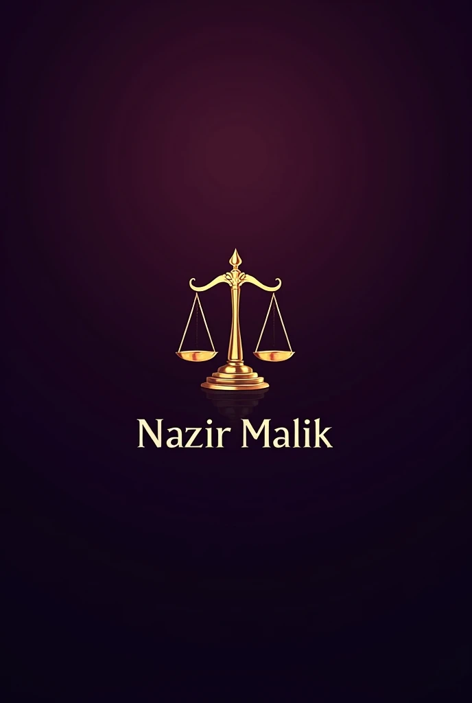 Golden Justice scale logo with "NAZIR MALIK" written in bright sliver color below it, with deep purple background
