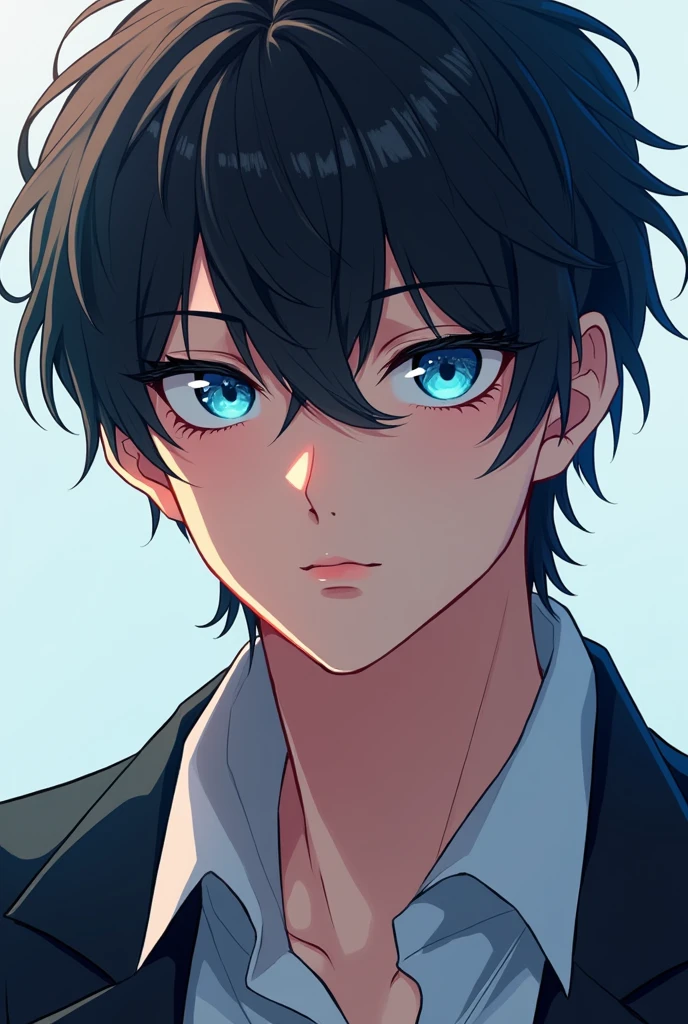 A young handsome anime man with dark hair and ocean eyes