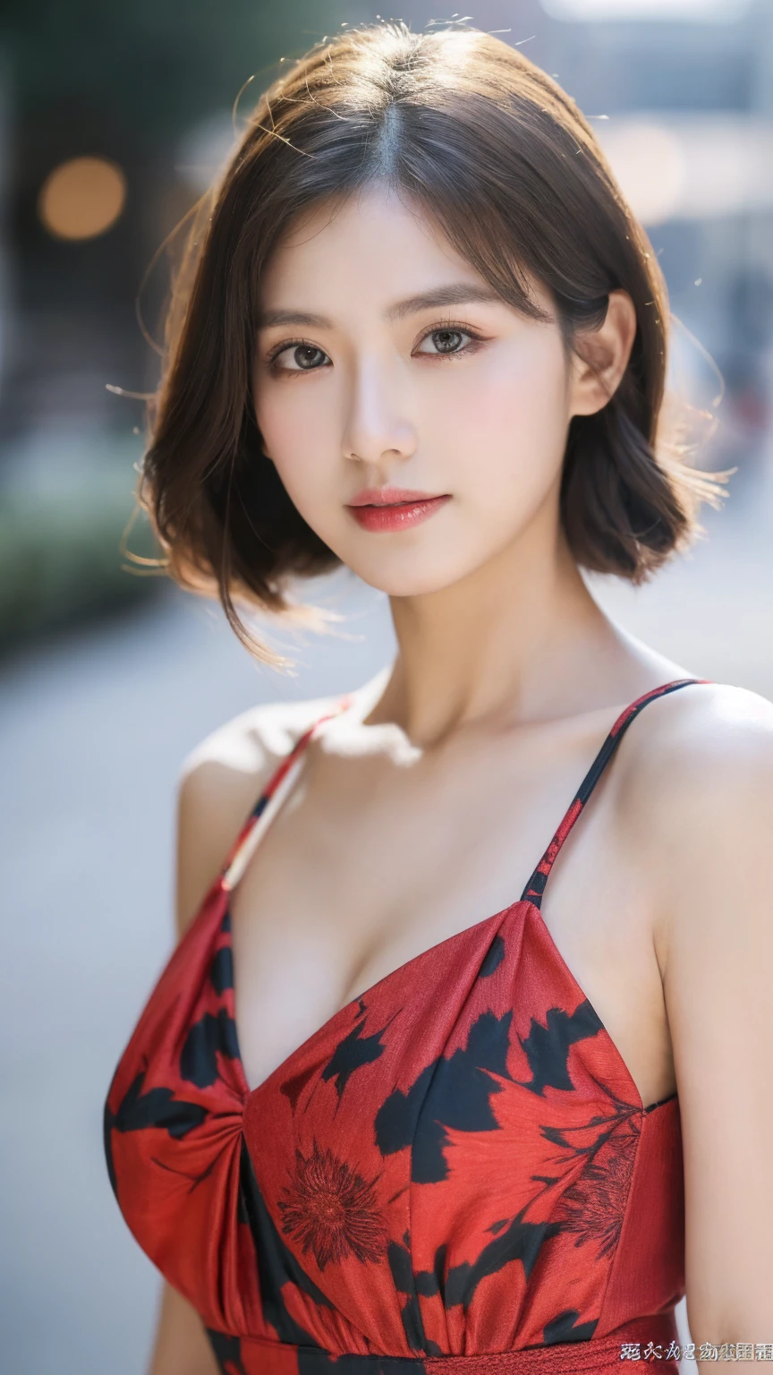 ((Best quality, 8k, masterpiece:1.3))，1girl，1，Asian，Real texture:1.3，(Background blur:1.1)，Dress，Tall and slender figure:1.2，(Hot summer weather)，（street:1.3），Highly detailed face and skin textures，Exquisite eyes，Long eyelashes，Double eyelids，Skin Whitening，happy，Various lenses，Beautiful breasts