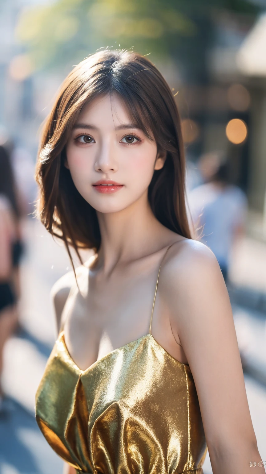 ((Best quality, 8k, masterpiece:1.3))，1girl，1，Asian，Real texture:1.3，(Background blur:1.1)，Dress，Tall and slender figure:1.2，(Hot summer weather)，（street:1.3），Highly detailed face and skin textures，Exquisite eyes，Long eyelashes，Double eyelids，Skin Whitening，happy，Various lenses，Beautiful breasts