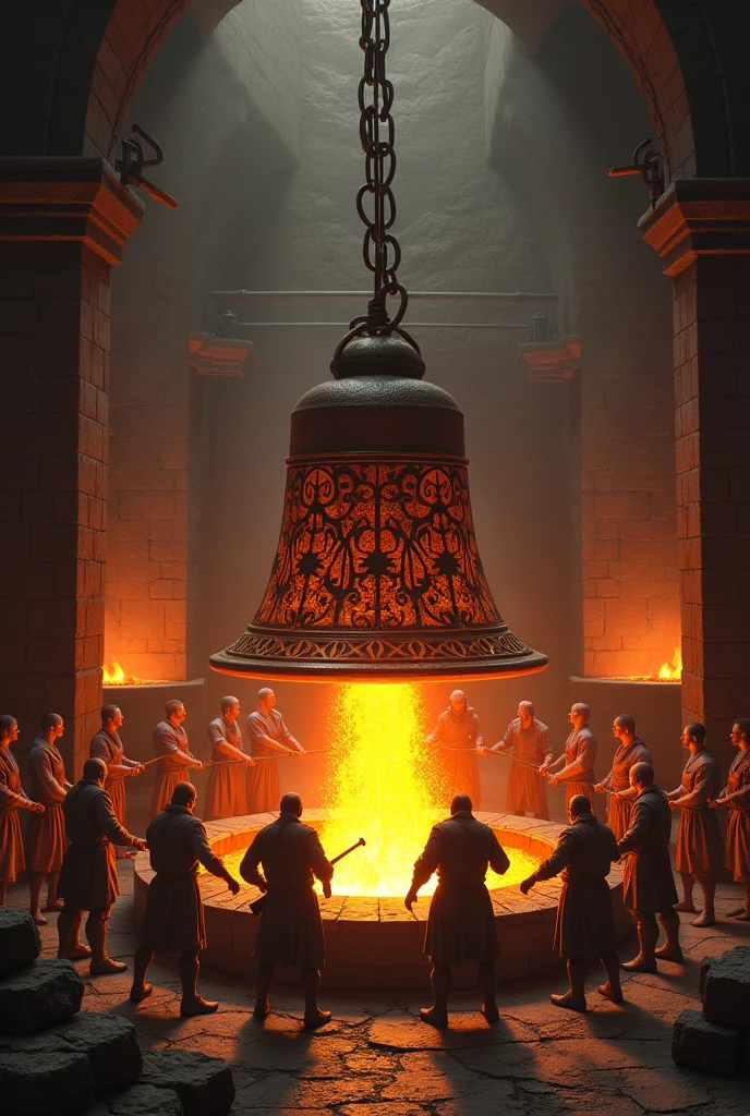 Create a medieval scene showing a molten metal molded into a beautyfull bell showing teamwork perseverance and sacrifices