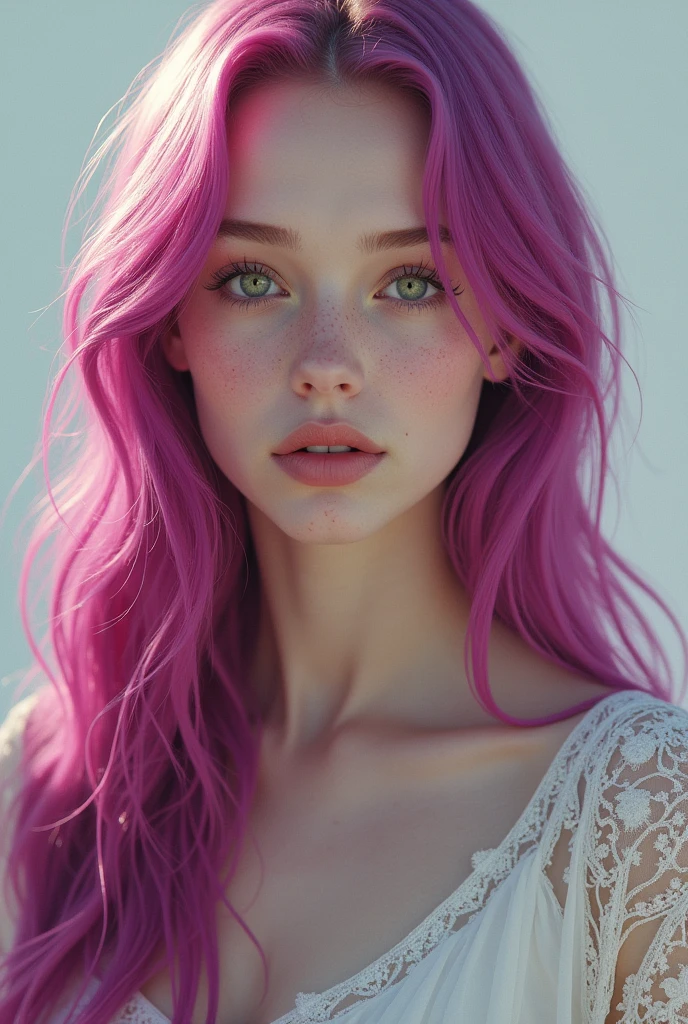 Create a human woman with Greek features, of 1,70 tall, with freckles on their face, Fuchsia red hair and grayish green eyes
