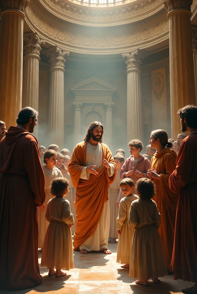 Jesus teaching young people in the temple, children and priests