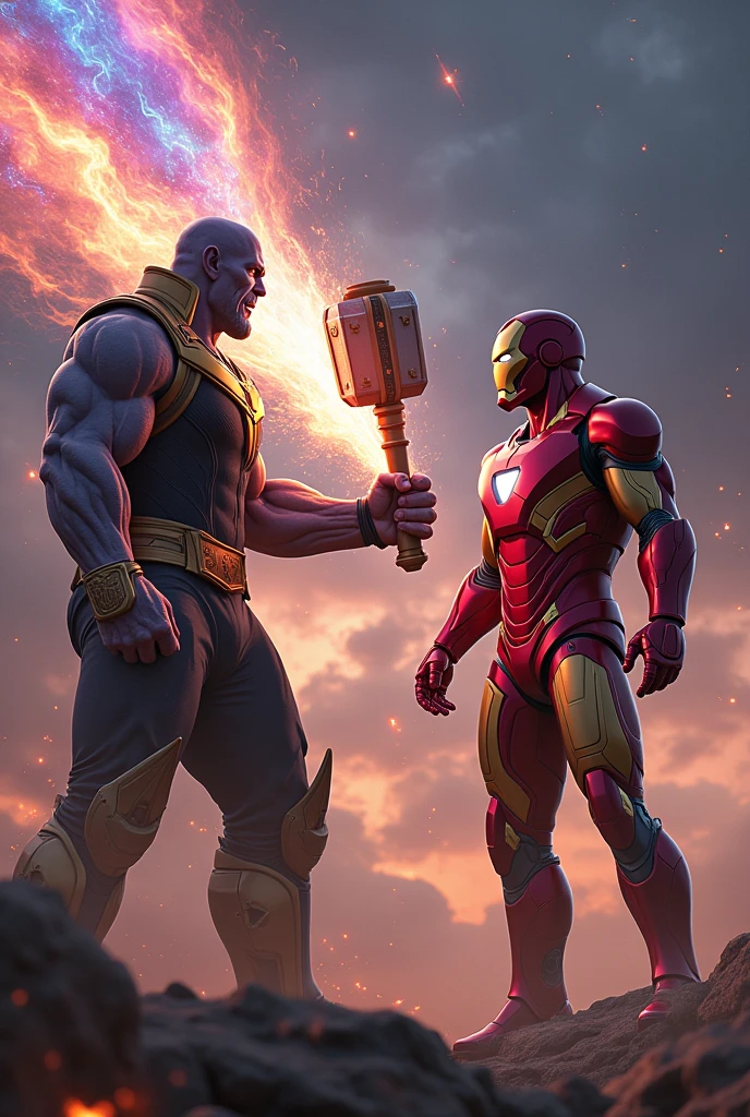Create a 4k realistic movie picture iron man fighting with Thanos. iron man and Thanos same height and fighting with Thor hammer background end game background thanos with full infinity stone and hammer is iron man hand