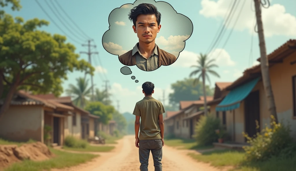 "A village young man is shown standing in the middle of a road, lost in thought. Above his head, in a thought bubble or circle, is an image of a successful businessman in a suit, working in a modern office. The contrast between the rural setting and the businessman's image highlights the young man's dream of becoming a successful entrepreneur."