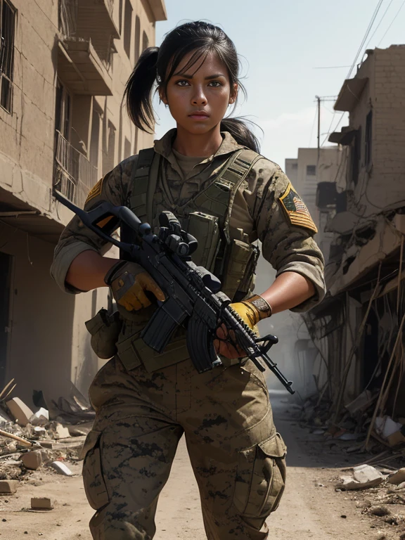 (26 year old:1.3), (Female), (Mixed race Guatemalan-Navajo), (tanned bronze skin:1.4), (Yellow colored eyes:1.4), (Short Black Hair:1.3), (Pony-Tail hair style:1.3), (Athletic:1.4), (Wearing: USA marine corps uniform, camouflage military uniform, armor and gloves), fighting on the battlefield, strong muscles, face stained with mud and blood, sweaty skin, bloody skin, mud-stained skin, army girl, rifle, (aiming and holding rifle: 1.3), soldier girl, infantry girl, expression of determination, rigorous expression, shootout, (Background: Set during the 2003 invasion of Iraq, on the empty streets of an Iraqi village, warzone, ruined buildings, debris is the surroundings), highest quality, ultra-high resolution, absurdity, realistic, physically based rendering, cinematic lighting, complex and cinematic appearance, cinematic soft light, soothing tone, photorealistic, cowboy shot, dynamic angle