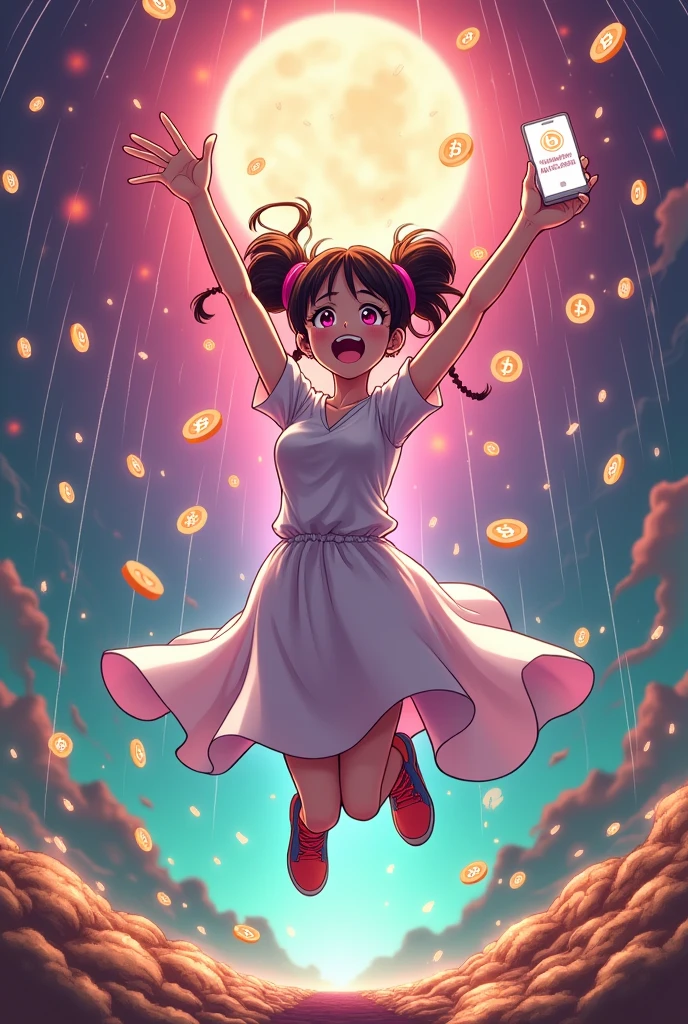 A full-body image of a woman jumping in joy in the style of a Japanese anime character illustration、Pink eyes and twin bun hair、White dress。In the center is a woman holding a smartphone and spreading her hands high into the air.。Her smartphone is lighting up with an AirDrop notification.。Various cryptocurrency icons are displayed falling from the sky like digital raindrops.、「Airdrop Addiction 」Expressing。

Around her、Floating Coin、token、The background is filled with Bitcoin symbols.、Vibrant、It creates an almost chaotic atmosphere.。The color palette includes neon brown、purple、Green is used、Reminiscent of a futuristic digital world。