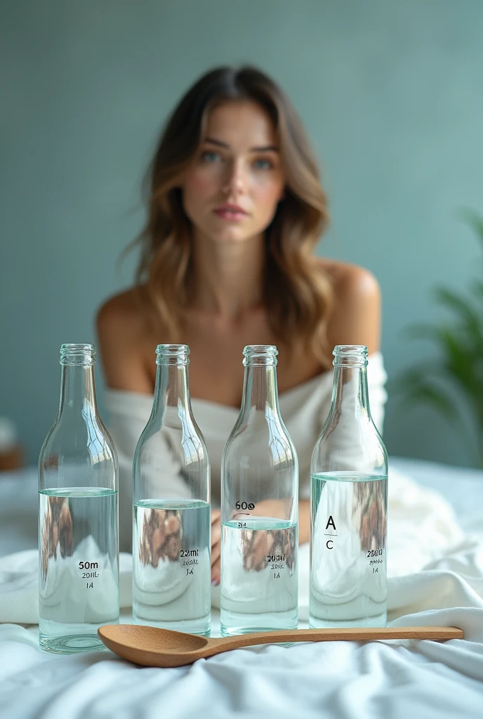 (photorealism:1.2), beautiful woman, sitting on bed, Four open-mouthed glass bottles, labeled A, B, C, and D, are arranged in a straight line.Bottle A has 600 ml water.Bottle B has 100 ml water.Bottle C has 250 ml water.Bottle D has 500 ml water. They are filled with clear, colorless water. A wooden spoon is being hit against the stem of each bottle, producing sound waves of different frequencies. The lighting is bright and refreshing, with shades of blue and green. The background is a neutral color, such as white or gray. The water inside the bottles must not slosh.