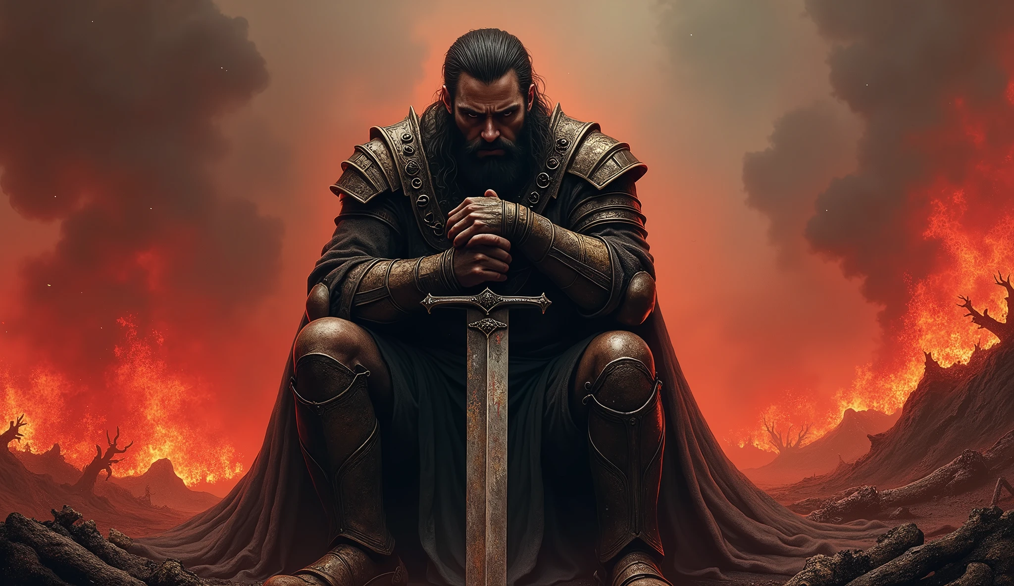A sad warrior sit in hell with support of his sword