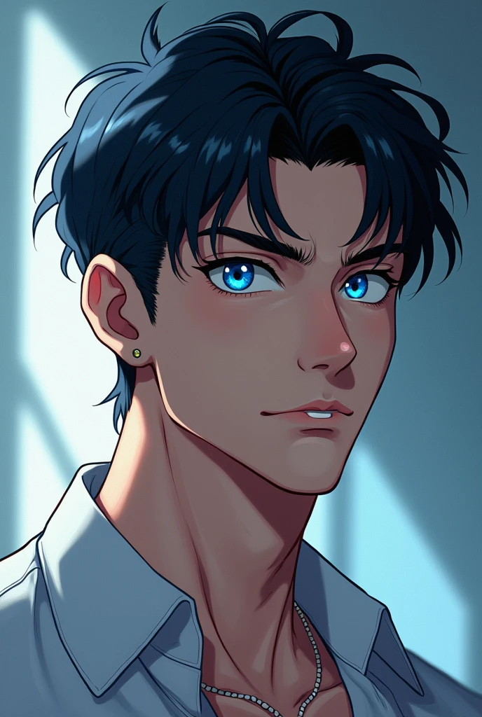 A young handsome masculine anime man with dark hair and ocean eyes