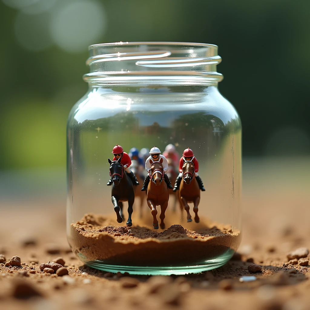 (glass jar:1.45), masterpiece, best quality, (A microscopic horse race at the hippodrome) trapped in a glass jar, (behind glass), (Horses and jockeys racing to the finish line on clay in an oval racecourse). good lighting, photorealistic: 1.37, masterpiece, best quality, raw photo, absurd resolution, UHD, high resolution, hdr, hiperrealista, 8k