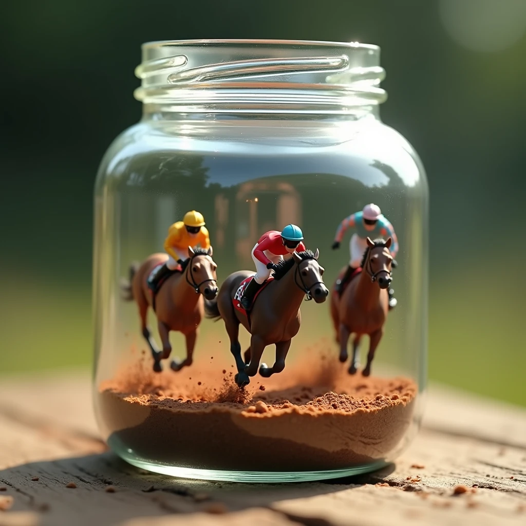 (glass jar:1.45), masterpiece, best quality, (A microscopic horse race at the hippodrome) trapped in a glass jar, (behind glass), (Horses and jockeys racing to the finish line on clay in an oval racecourse). good lighting, photorealistic: 1.37, masterpiece, best quality, raw photo, absurd resolution, UHD, high resolution, hdr, hiperrealista, 8k