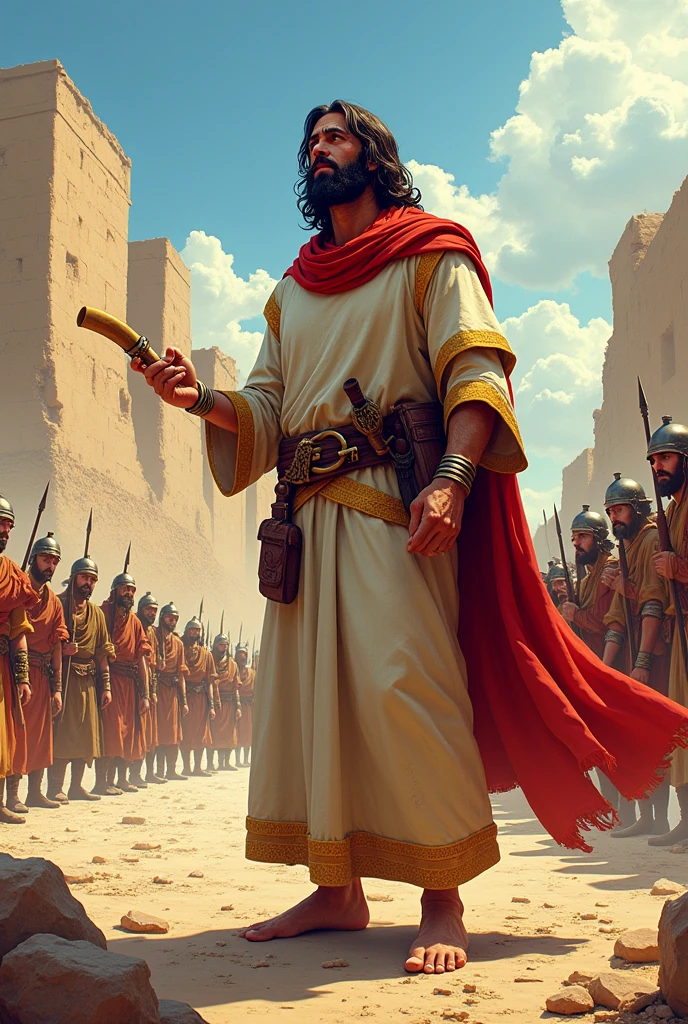 Comic style wallpaper in 4K: Joshua, the biblical leader, depicted in a realistic comic style. He wears a linen tunic with gold edges., reflecting ancient Hebrew clothing. In one hand he holds a shofar (ram's horn trumpet) and with the other hand he points towards the walls of Jericho, that are shown collapsed and in ruins. Behind him, An Israeli army is seen in formation, with soldiers dressed in similar tunics and armed with swords and spears. The background features a desert landscape, with the walls fallen and rubble visible. The design should capture a vibrant and dynamic style, with vivid colors and exaggerated details, highlighting the determination, el coraje y la fe de Joshua en un contexto épico.