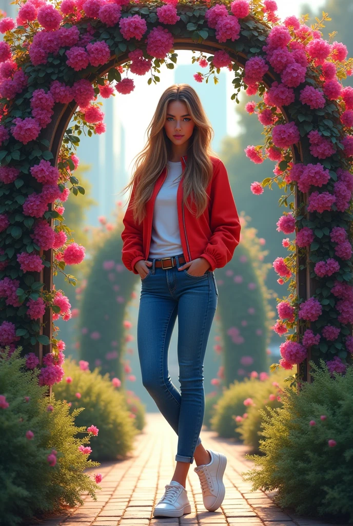 A fashionable young woman with long hair and blue eyes, dressed in blue jeans, a red jacket, and white shoes, standing by a garden archway covered in vibrant bougainvillea.