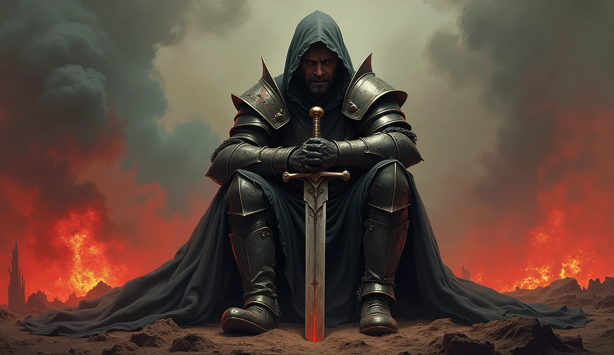 A sad warrior sit in hell with support of his sword
