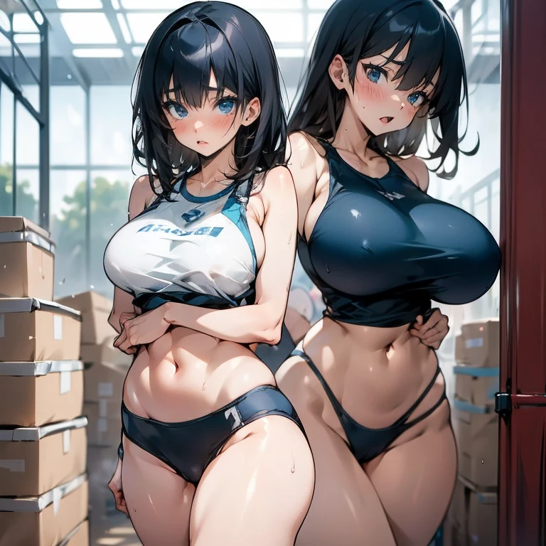 Anime Kawaii sexy Perfect Slim sensual body large breast and huge thighs, An intricate and highly detailed illustration of anime (Young girl)  One with black hair, blue eyed high school girl in track uniform resembling a white sports bra and black panties, wide-eyed in surprise and screaming in the warehouse, hypdertailed, blushful