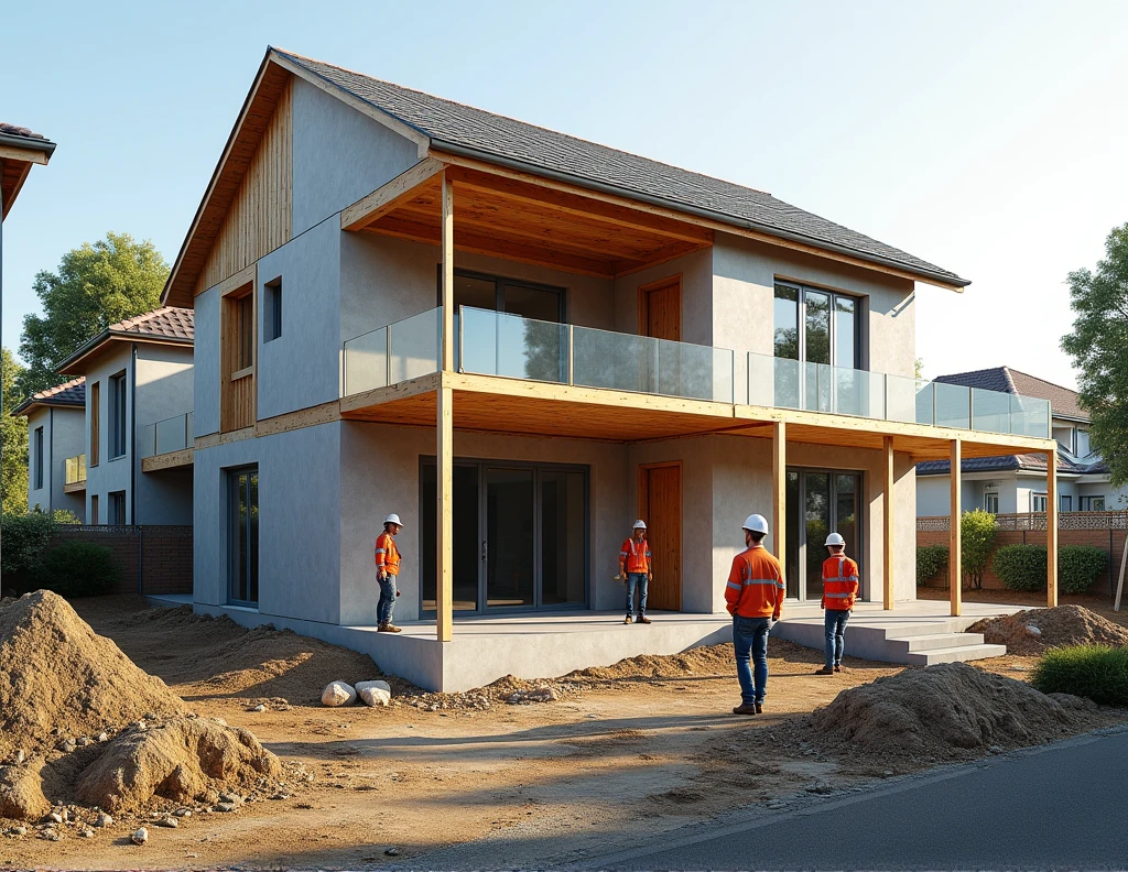 generate hyper-realistic images of the construction of a semi-detached house, All images of the same project in different angles