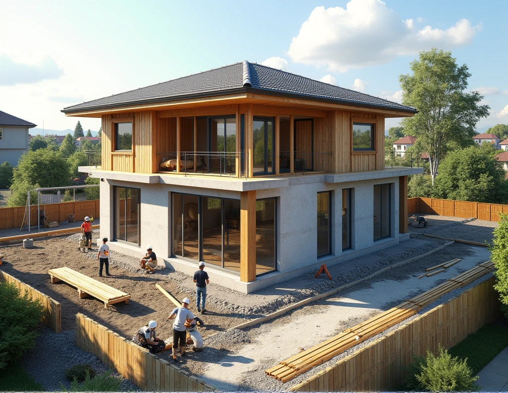generate hyper-realistic images of the construction of a semi-detached house, All images of the same project in different angles