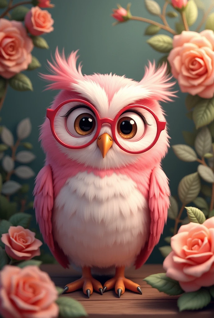 A pink Disney Pixar style owl that looks like a cartoon, with pink glasses, teacher style,intelligent, surrounded by owl-colored roses with green leaves