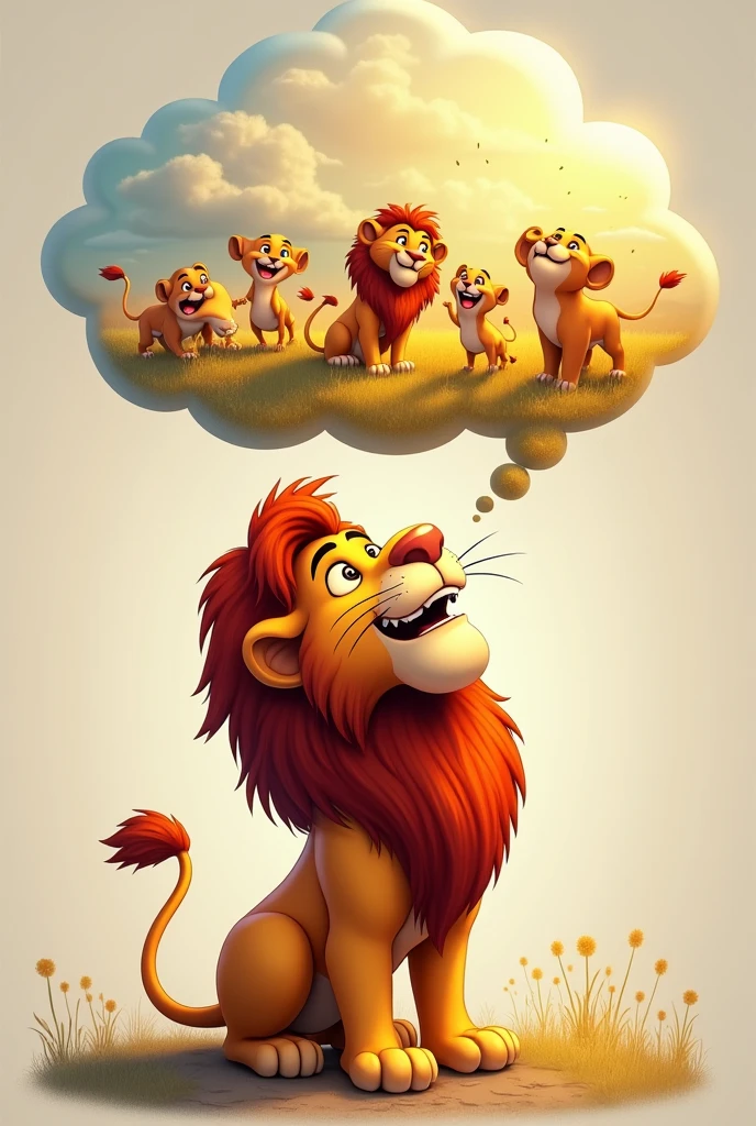 The lion imagining himself happily playing with friends, a thought bubble showing the lion with a bright, joyful expression.