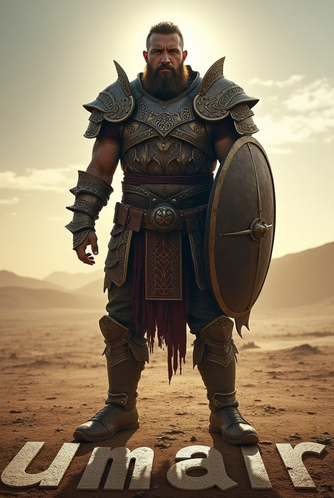 A photo of a warrior, UMAIR should be written in background 