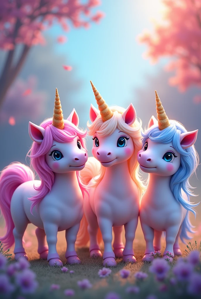 several cute unicorns, beautiful and colorful close to each other smiling.