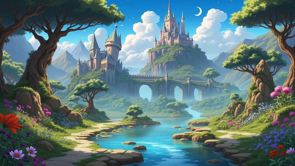 masterpiece, best quality, number, illustration, Anime style background, landscape, a castle in the middle of a forest, fantasy art, fantasy scenic, fantasy art landscape, fantasy castle, fantasy art style, fantasy landscape, impressive fantasy landscape, magical landscape, river