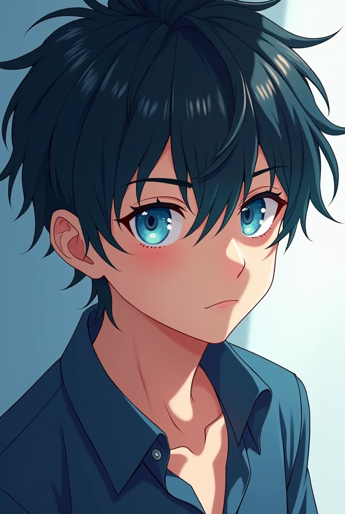 A young handsome anime man with dark hair and ocean eyes