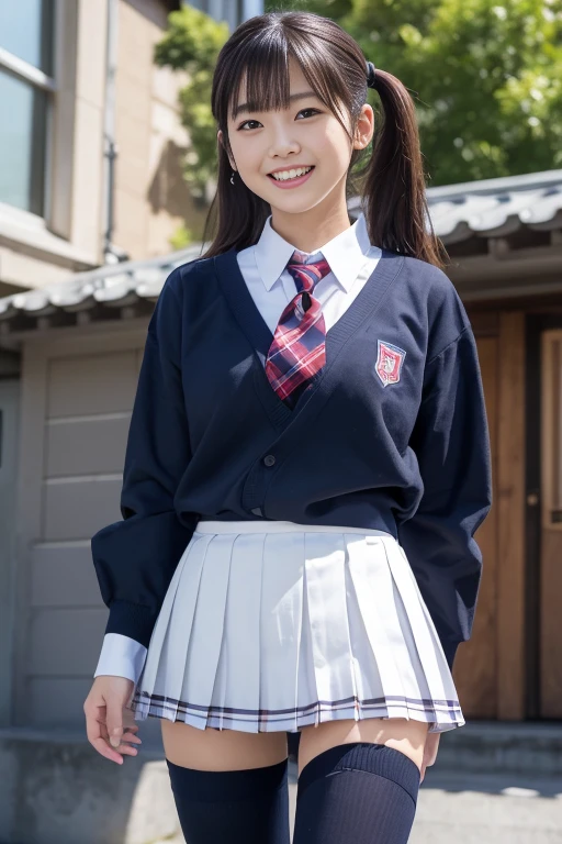 (masterpiece), (highest quality:1.3), ((photo realistic:1.3)), ((Young Japan girl)), 14 Talents, realistic skin, (broad jawline:1.2), puffy face, (no makeup:1.2),Twin tails,(Messy Hair:1.3), (Very dark brown hair), perfect anatomy, flat chest, ((female school uniform:1.2), ( white thin tight shirt), red necktie, tartan check pleated skirt, (dark navy socks:1.1)), earrings, necklace, (laugh out loud:1.25), wide view, from below , at street