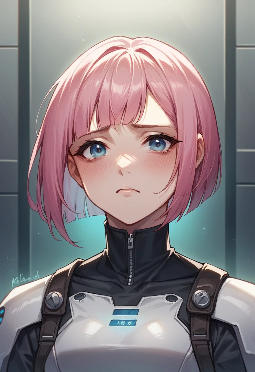 A young woman with short, pink hair styled in a bob cut, standing in a futuristic setting. She has a slightly sad or melancholic expression, with her head slightly tilted down and her eyes half-closed, showing a subtle blush on her cheeks. She is wearing a sleek, modern uniform with a high collar and a zipper, combining dark blue and white colors with a belt around her waist. The background features a futuristic room with soft lighting and metallic surfaces, adding to the sci-fi atmosphere.
