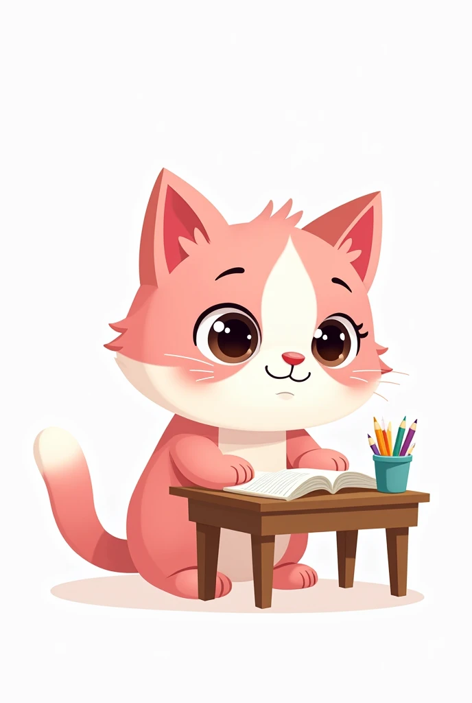 Pink and white cutout cartoon kitten studying in preschool with white background