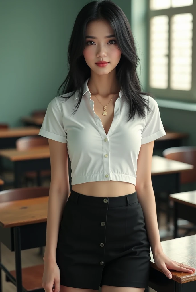 Prompt :  Beautiful girl with smooth skin, 
black hair, dark eyeshadow, gold pendant (beautiful bra, E shape), 
wearing a thai student uniform, a white short-sleeved shirt, a black short skirt, 
a tight fit, standing and posing in a classroom. The background is a classroom, 
student desks and chairs. The most realistic picture.high quality, 8k, Ultra detailed, hdr, human only,
