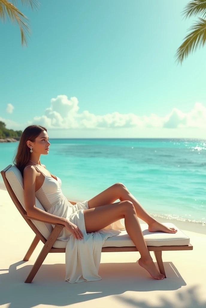 woman escorts lying on beach chair
