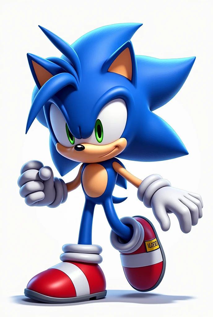 A blue hedgehog with spikes on its head, a skin-colored belly, white gloves, red boots with a white line on the boot, and green eyes. (anime styling)