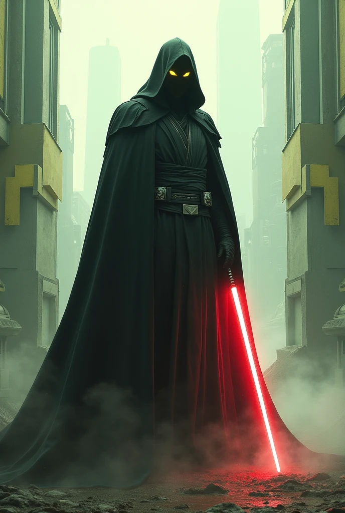 The country brazil as a Sith Lord from Star Wars, no Person but anything else, colors white, yellow, Green and darkblue, red lightsaber, scary, frightening, ultra-realistic