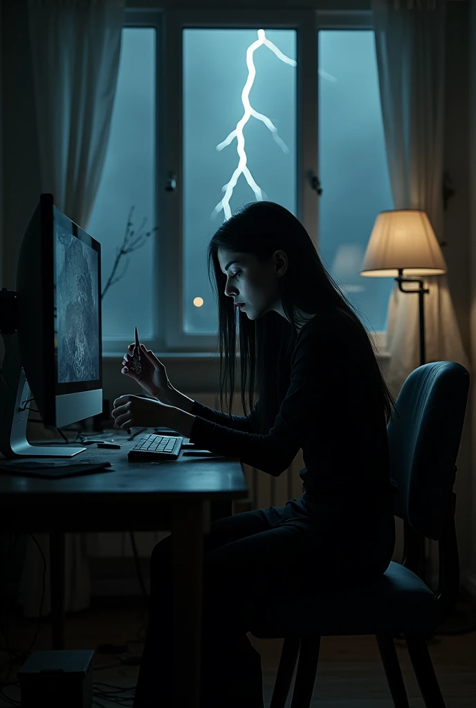 a beautiful female  with long hair in black clothes was sitting in front of a computer reading stories on the internet, she was in a quiet and quiet small studio alone, there was a window behind her, and there were several pens and scissors around the computer table on a black and white background, In the atmosphere of darkness of night and rain and lightning with a horror feel, he gouged out his own eyes using scissors on the table