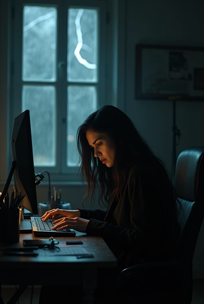a beautiful female with long hair in black clothes was sitting in front of a computer reading stories on the internet, she was in a quiet and quiet small studio alone, there was a window behind her, and there were several pens and scissors around the computer table on a black and white background, In the atmosphere of darkness of night and rain and lightning with a horror feel, he gouged out his own eyes using scissors on the table
