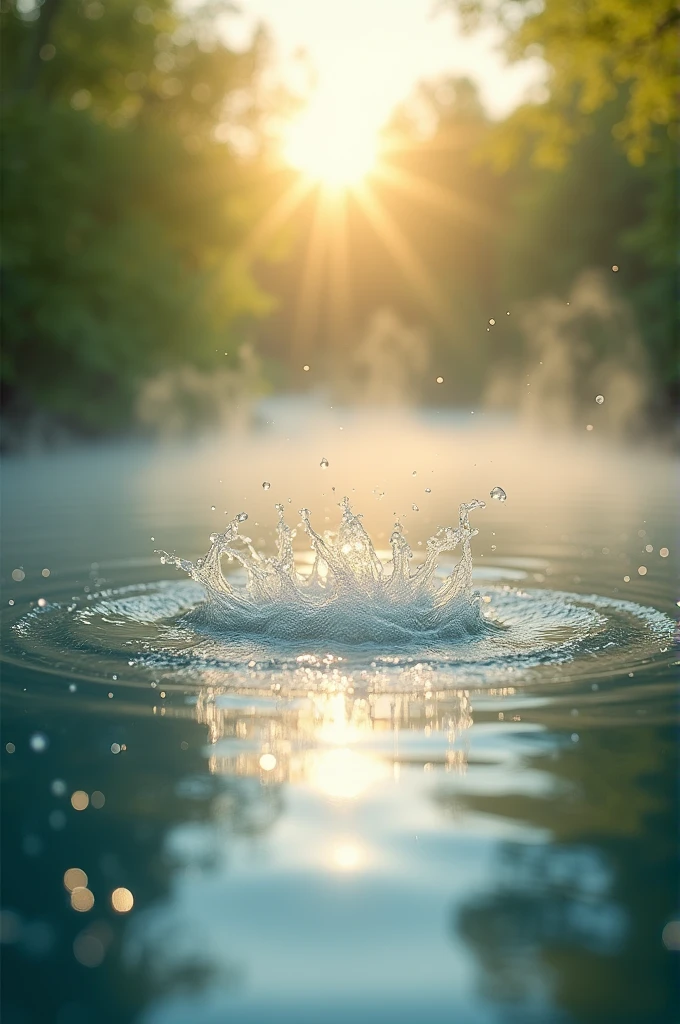 Create image A beautiful sunny day by the lake with steam rising from the water, and the happy water drops turn into steam bubbles.