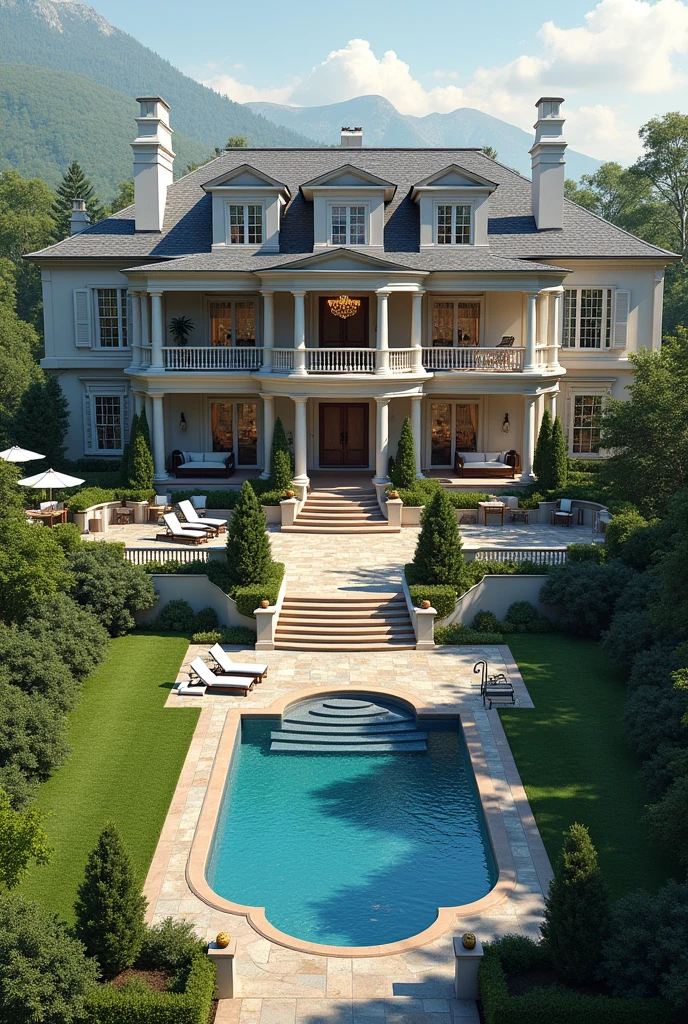 I want you to create a house for me that has nine bedrooms, 10 bathrooms, a giant living room, an island kitchen that has a huge patio that has three floors of beautiful stairs, that one of the bathrooms is located after the kitchen that includes a pool in the backyard.
