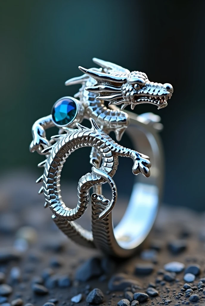 A cute dragon silver ring with a blue oval gem in the tail