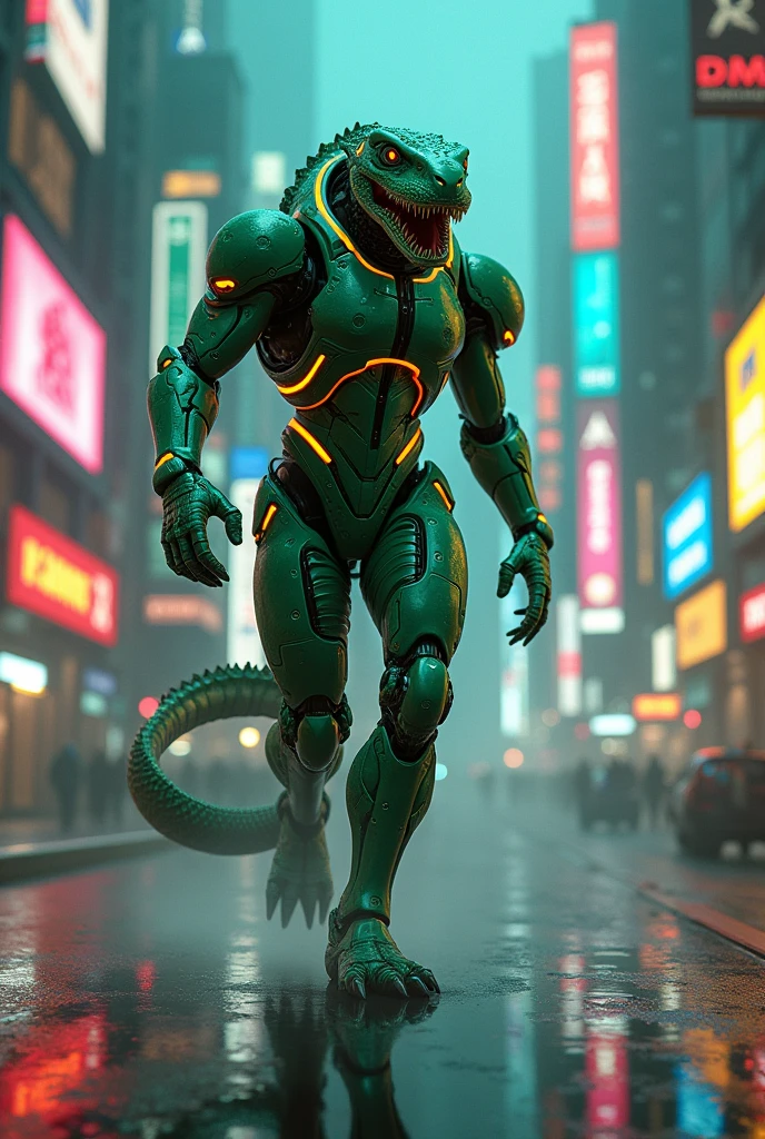  snake in robocop green costume, walking in 
cyberpunk city with teal and orange neon lights
