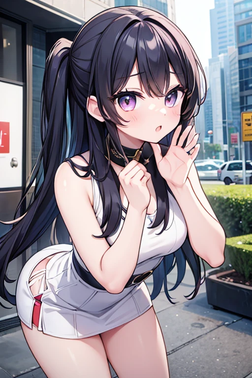 (high quality,Very detailed:1.37, High resolution), Woman, (very long hair:1.5), dark purple hair, purple eeyes, large breasts, (wetting herself:2.0), standing, (long tight dress:1.5), (arms crossed:1.5), (white dress:1.5), (embarrassed:1.5), (humiliation:1.5), (angry:1.25), (blushing:1.5), open mouth, Cyberpunk Style, Cyberpunk Cityscape, Neon Light, High-tech accessories, Meticulous details, (extremely detailed eys:1.37), Glowing LED pattern, Urban scenery, Futuristic elements, Mysterious Aura, ,Flying cars racing through the air, Holographic Advertising, Visually stunning architecture, Energetic and dynamic poses, Gives off a powerful aura, The cityscape reflected in her metallic eyes, Graceful movement amidst chaos, A moonlit sky with a futuristic hue, Pulsating Electronic Soundtrack, Enhanced Augmented Reality Overlays, Interacting with virtual objects in the environment