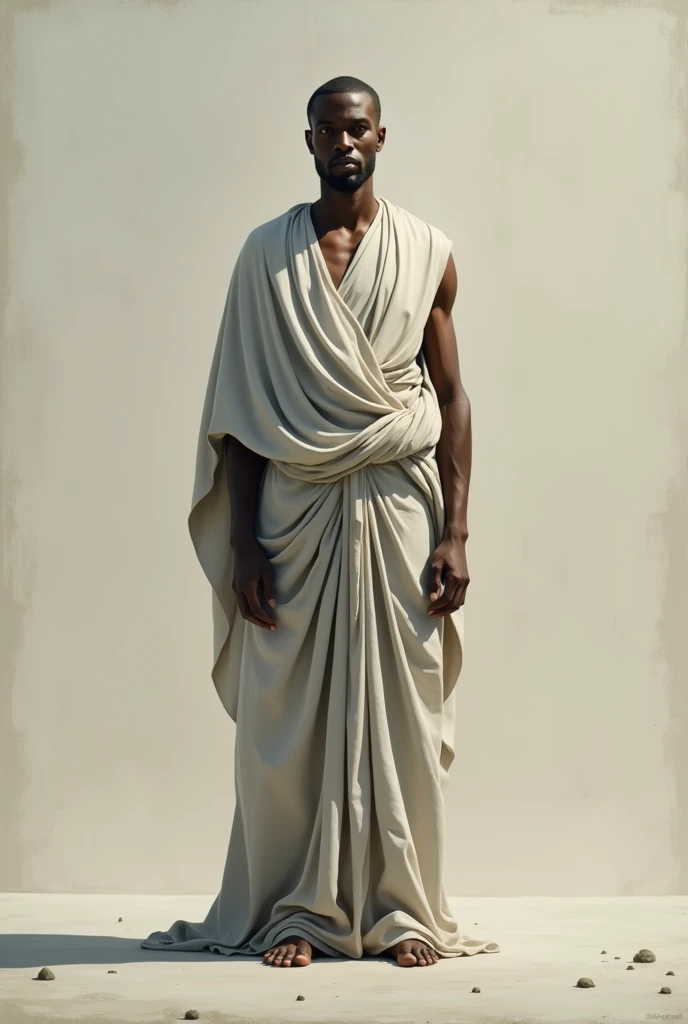 A priest, 25 years old, tall, 195 cm, black skinned, round face, short white hair, yellow eyes, full body, wearing a white Greek robe covering his naked body, standing at the entrance door of the temple