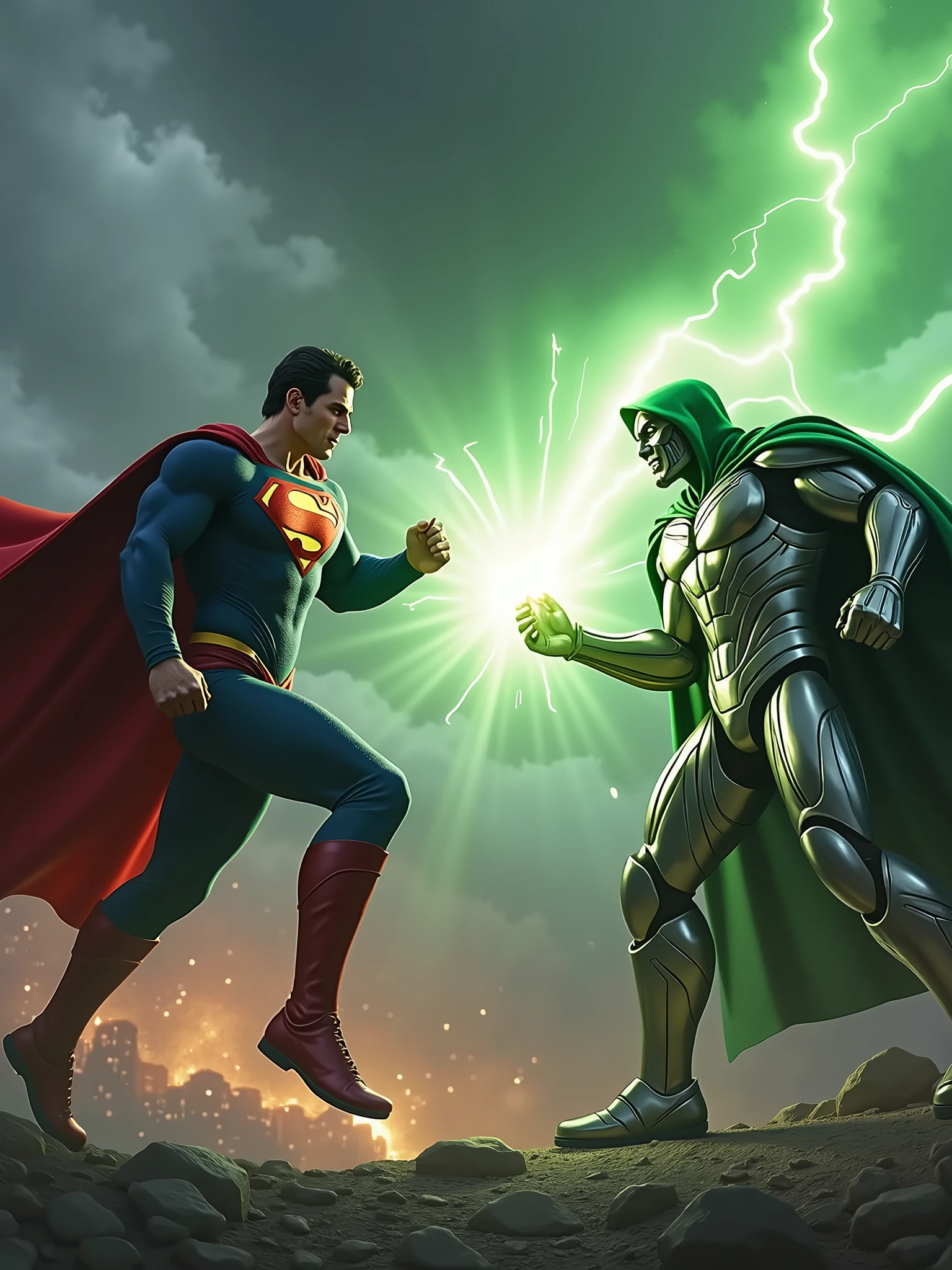 "Create a highly detailed and dynamic 4K Ultra HD image of Superman in an intense battle with Dr. Doom. Superman, wearing his classic red and blue suit with the iconic 'S' emblem, is flying mid-air, fists clenched, ready to strike. Dr. Doom stands his ground, clad in his metallic armor and green cloak, using a combination of advanced technology and mystical powers. A fierce green energy blast is emanating from Dr. Doom's hands, clashing with Superman's heat vision, creating an explosive energy collision in the center. The background features a dark, stormy sky above a futuristic, crumbling cityscape, adding to the epic scale of the battle. The lighting should be dramatic, with intense contrasts, capturing the raw power and tension between the two iconic characters."