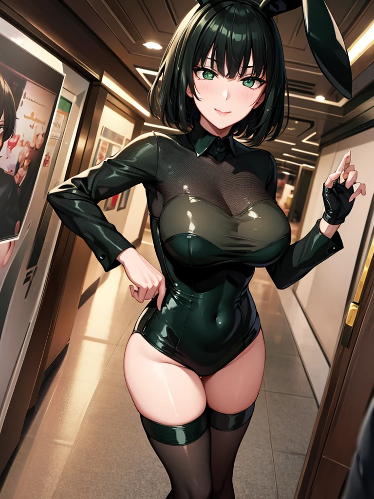 (high res, 8K, masterpiece, looking at viewer, best quality, very aesthetic, ultra detailed, ultra background, ultra Eyes) intricate details, 1girl, Fubuki, Black Bunny Suit, Rabbit ears, Rabbit tails, Stockings, Dark Green Short hair, Green Eyes, Selfie in the Mall Smile Face, Cheeks Flushed, Perverted Face, Background The Mall, Cinematic Angle