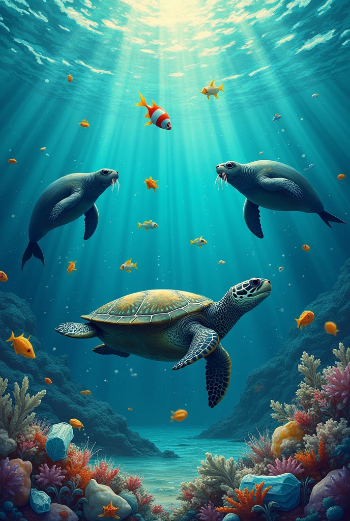 Environmental awareness poster, fish and seals with plastic stuck and a turtle in the sea eating a plastic bag and with a phrase that says " You do see the difference, They don't." with lyrics in Spanish