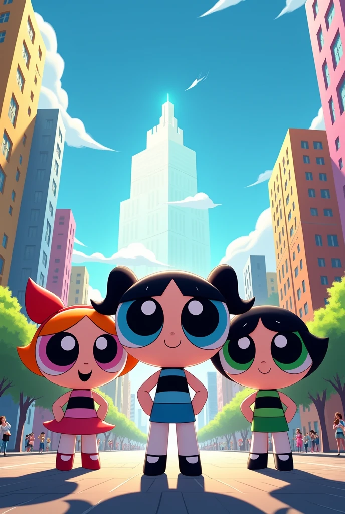 Create a detailed 4K scene of The Powerpuff Girls, ((Blossom, redhead, pink skirt)), ((Bubbles, blonde hair, blue skirt)) and ((Buttercup, black hair, green skirt)), in their classic formation. They are standing in an urban environment in the heart of Townsville, surrounded by colorful skyscrapers and a radiant blue sky. The Powerpuff Girls should be in confident and determined poses, highlighting their individual personalities. Blossom, the leader of the group, should be in the front, hands on her hips, with a serious expression and her eyes shining with intelligence. Bubbles, next to Blossom, should have a sweet smile and an optimistic posture, The backdrop around them should be bustling with life, with Townsville citizens looking on in admiration, and elements such as trees swaying in the wind and scattered clouds in the sky. (pale skin:1.2), (white skin:1.5), ((front view:1.3)), pale face, (puffy lips:1.4), (gigantic breasts:1.4), ((gigantic breasts:1.3)), design sheet, masterpiece, (slendered abs:1.2) ,detailed , shiny skin, beautiful lighting from the side, harsh light,epic pose, dynamic movie poster, masterpiece, high definition, Extreme Detailed Portrait With Bokeh Effect , Realistic Lighting The scene should radiate the sense of courage and heroism that The Powerpuff Girls embody, with vibrant colors and stunning sharpness in every detail.