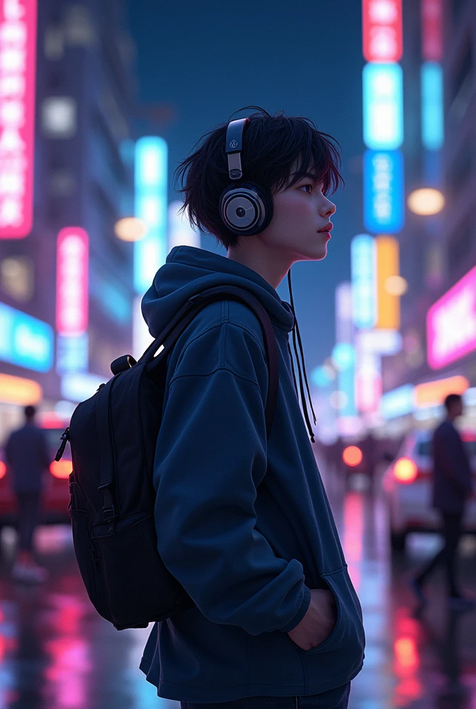The beautiful neon lights of the big city at night、The protagonist is18Year old Japanese、Listening to music with headphones、Slightly oversized clothes and pants、Wearing a hoodie、The neon lights are fantastic、Cool depiction、There are a lot of cars and people、
Waiting to start