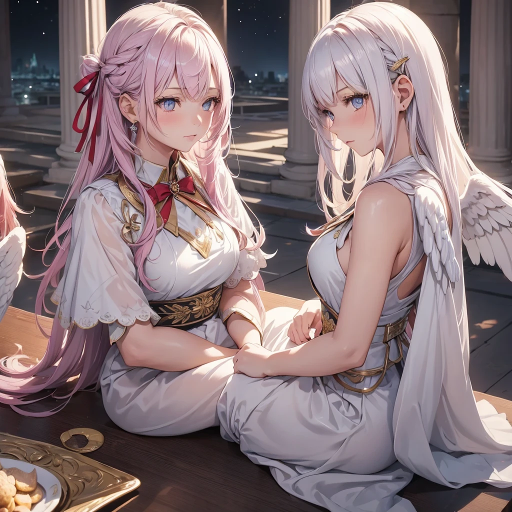 ((three girls On the table, best quality)), Delicate face, Character Design Sheet，whole body, Perfect proportion，Rich in details, Multiple poses and expressions, Very detailed, Martial Arts Girl，1st Girl with white wings, short red Gradient hair color，Golden，Delicate eyes, see through，2nd Angel Wings Girl，pink long hair cloud，High balance, Halo，3rd angel wings girl, white long hair, Natural light，Starlight decoration，Background greek temple